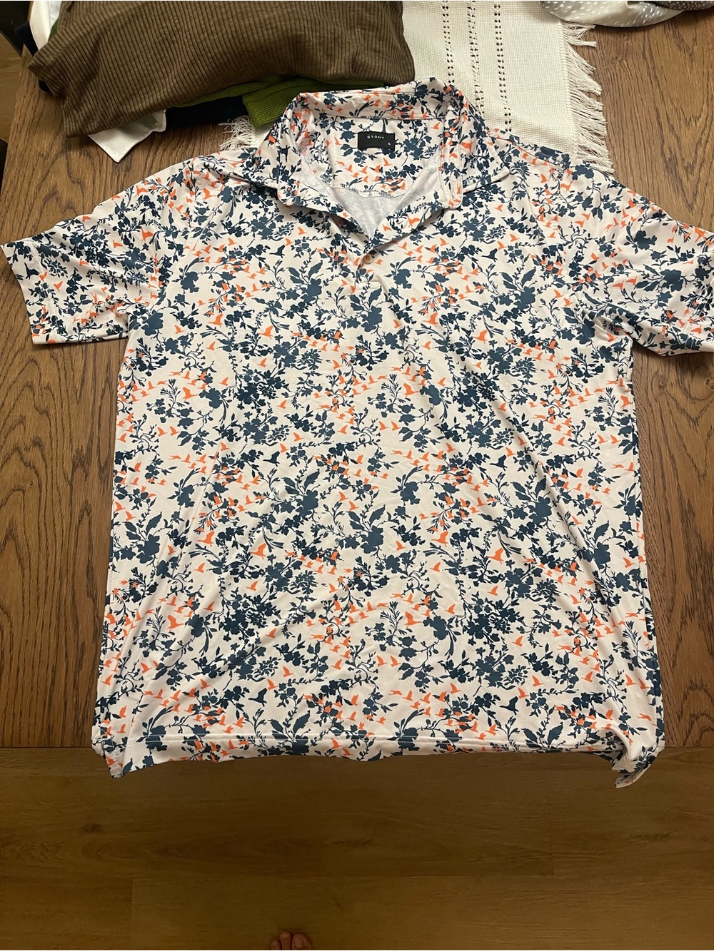 Men's Floral Short-Sleeve Polo - White with Navy & Coral Print